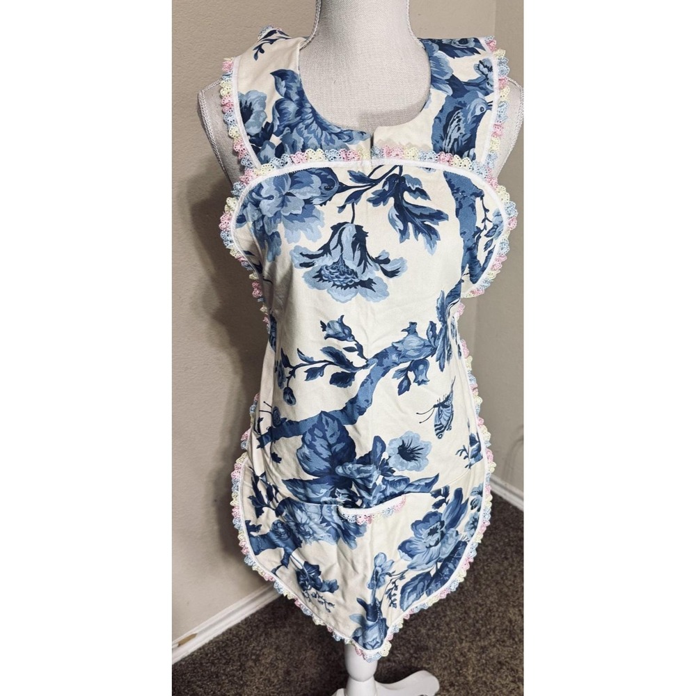 Vintage Blue Floral Toile Pinafore Apron Pastel Crochet Trim Cottagecore Smock